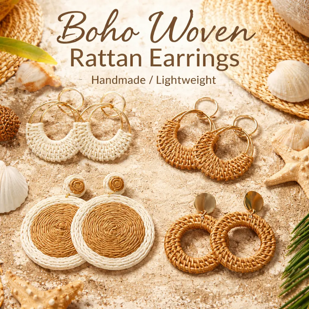 Women's 4-Pair Handmade Raffia Rattan Bohemian Round Drop Dangle Hoop Earrings Set, Lightweight Nature-Inspired Specialty Kitchen Accessory for Summer, Festivals, Four Pairs, Handmade Set