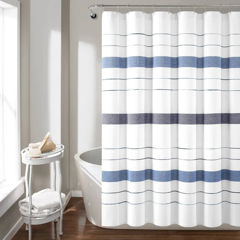 72"x72" Modern Striped Pattern Yarn Dyed Eco Friendly Recycled Cotton Shower Curtain, Navy - Lush Décor, Hanging Bath Shower Curtains