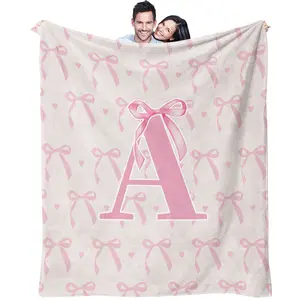 Pink bow letter pattern, suitable for children and adults' holiday birthday gifts, soft, warm and lightweight plush blanket, suitable for bed, sofa, car, room decoration, Lightweight Throw Blanket