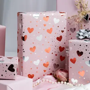 Gold Foil Heart Wrapping Paper, Reversible Pink Gift Wrap for Birthday, Valentines, Mothers day, Graduation, Wedding, Fathers day, Baby Shower, Christmas (17in x 32.8ft)