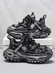 Men's All-Black Techwear Texture Elevated Chunky Sneakers, Cool Techwear Style, Techwear Texture Upper + Elevated Platform + Woven Laces, Height-Boosting, Stable Traction , Ideal for Daily Outings & Trendy Styling