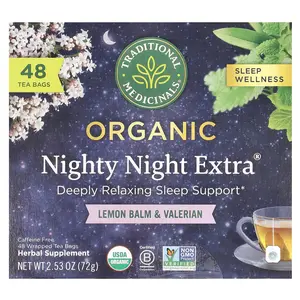 Traditional Medicinals Organic Nighty Night Extra®, Lemon Balm & Valerian, Caffeine Free, 48 Wrapped Tea Bags, 2.53 oz (72 g)
