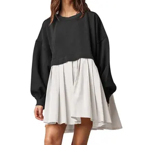 Women’s Casual Oversized Crewneck Hoodie Dress: Long-Sleeve Baggy Patchwork Pleated Flowy Mini Dresses