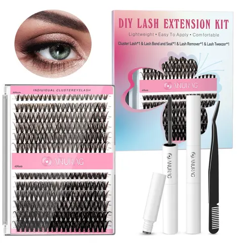 DIY Fluffy Cosmetic Eyelash Extension Kit - 240 Seductive Fluffy Lash Clusters (9-17mm Different Styles), Curler, Adhesive, Sealant, Tweezers, Comfortable, Customer First, Daily Eye Makeup, Suitable for Parties & Dates