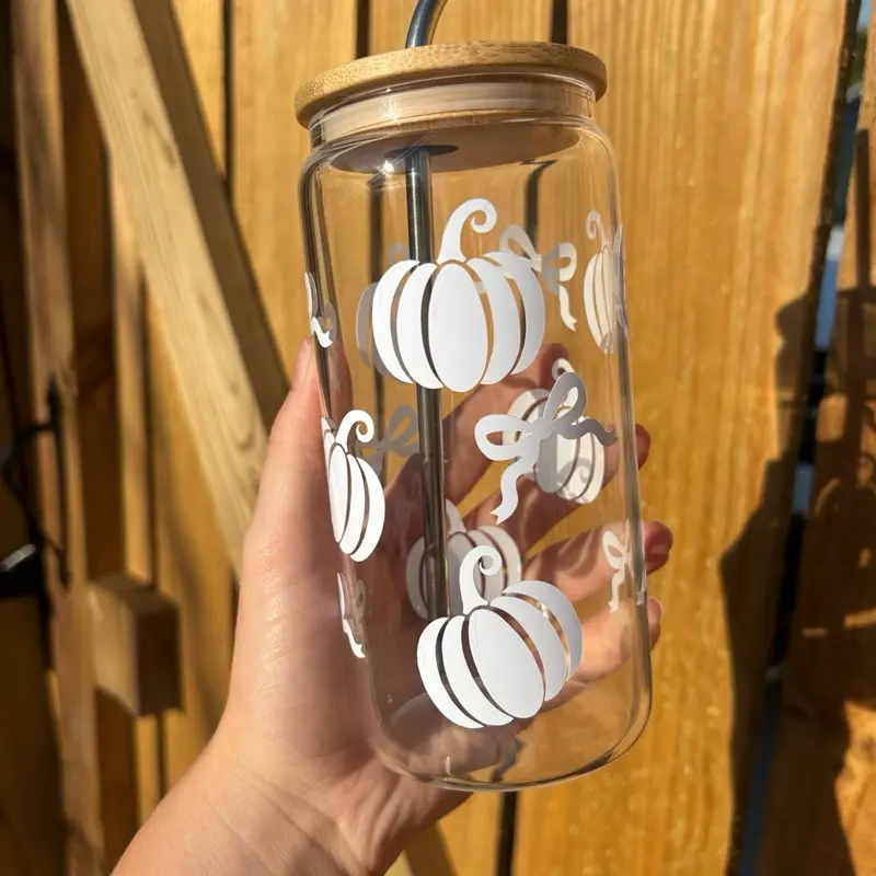 White Pumpkin & Bow Glass Cup