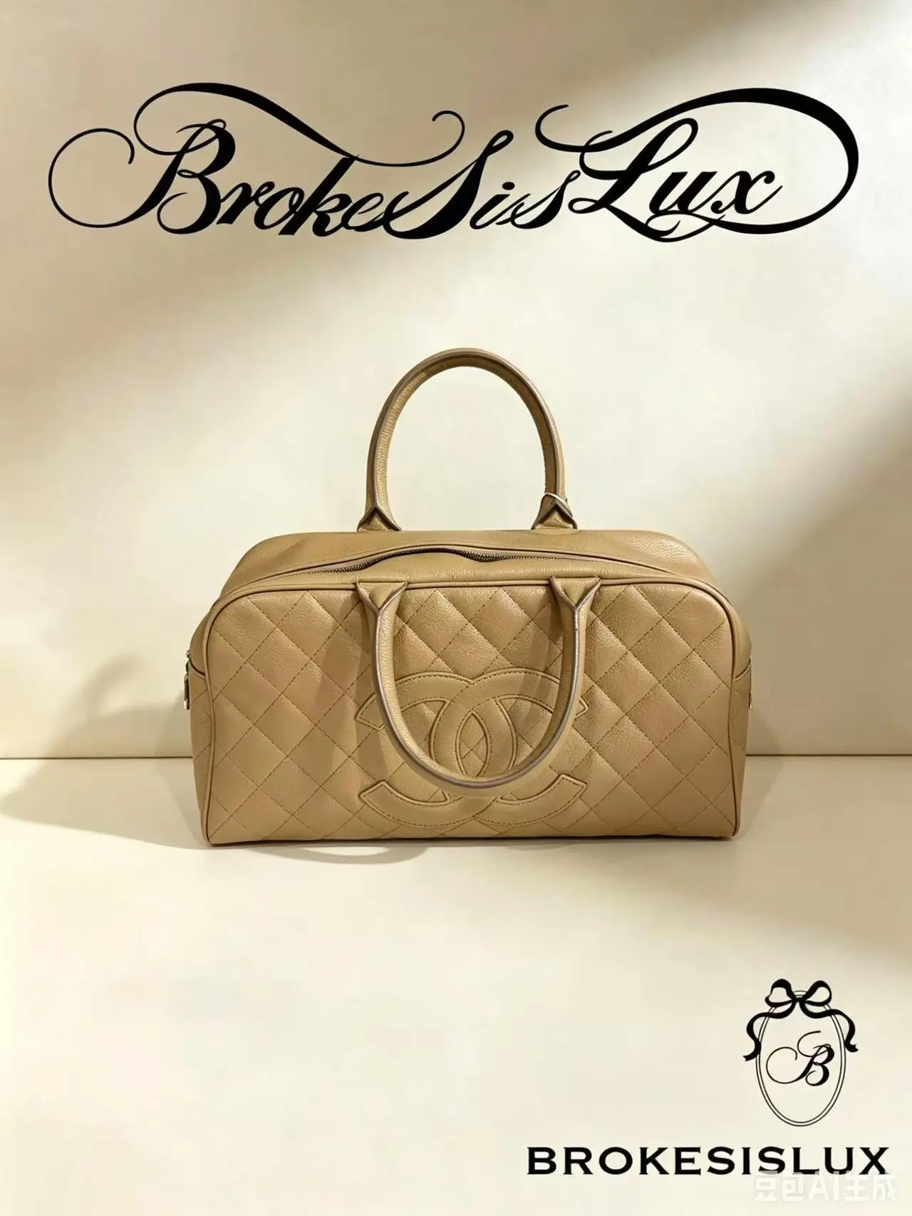 Pre-owned CHANEL Beige Caviar Leather Boston Bag | Quilted & Stitched CC Logo, Everyday & Travel Handbag