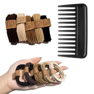 Wide Tooth Comb & Bear Hair Ties Gift Set | 10-Piece Detangling Travel Comb Set (Black Comb + Maillard Colors) for Curly & Thick Hair