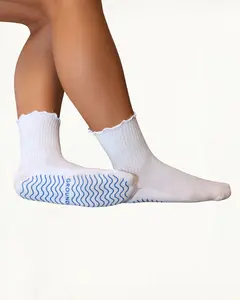 White Ruffle Pilates Barre Socks – Non-Slip Grip Socks with Blue Wave Traction – One Size Fits All – Cute, Breathable & Stretchy for Barre, Yoga & Pilates
