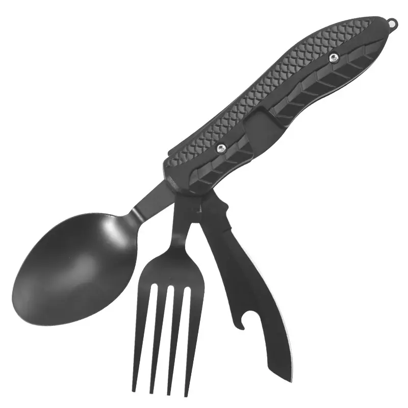 Outdoor Camping Utensils Camping Tools Portable Stainless Steel Foldable Spoon Fork Knife Bottle Opener Combo Set Cutlery Tableware Multitool Camping Supplies