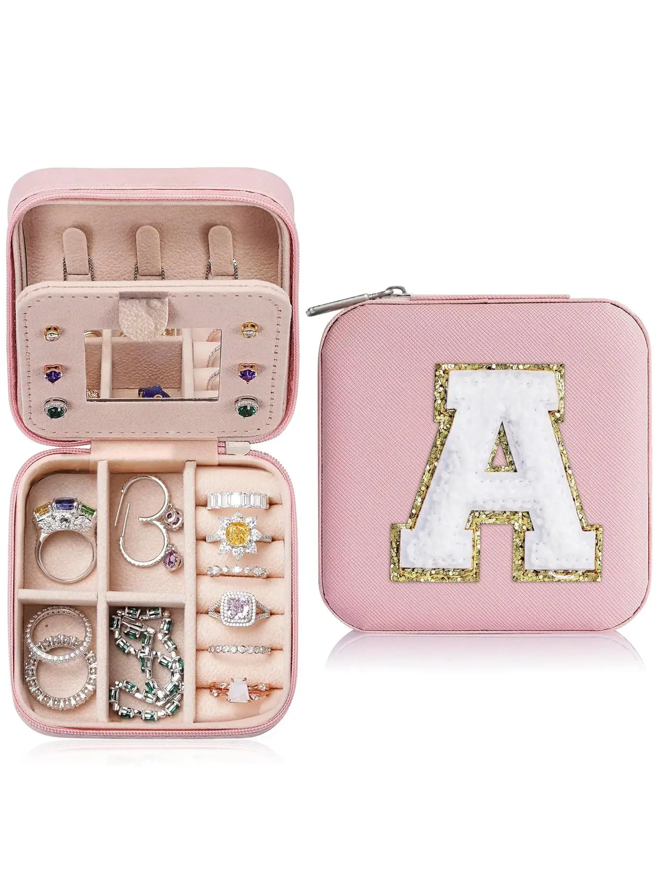 Portable Jewelry Box with Mirror for Gift, Stylish Sequin Decorated Letter Pattern Jewelry Organizer, Cute Zipper Jewelry Storage Box for Women and Gi