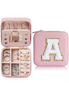 pink portable jewelry box with mirror for gift, summer stylish sequin decorated letter pattern jewelry organizer, cute zipper jewelry storage box for women and girls as gift, jewelry case room accessories travel essentials valentine's day, gift for her