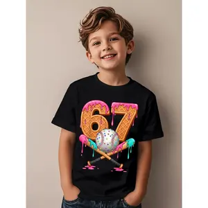 Kids' 67th Birthday Ice Cream Drip Number 67 Baseball T-Shirt - Boys & Girls 67 Player Jersey-Style Top with Baseball Bat & Design - Soft Breathable Short Sleeve Tee for 67 Year Kids, Birthday Party Outfit or Casual Wear
