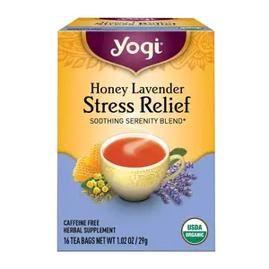 Yogi Honey Lavender Stress Relief Tea - Caffeine Free Herbal Supplement, USDA Organic, 16 Tea Bags, Soothing Serenity Blend