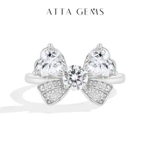 ATTAGEMS Unique Bow Shape 1CT*2 Heart Cut & 0.5CT Round Cut Lab-Grown Moissanite Ring for Women 925 Sterling Silver Ring Party  Elegant Engagement Wedding Fine Jewelry R423