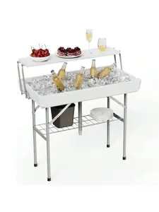 Outdoor Ice Cooler Folding Table With Drain, Two-Tier Ice Tables With Removable Skirt And Extra Storage Shelf, Indoor Outdoor Use For Events, Parties, Wedding, Camping, BBQ, White