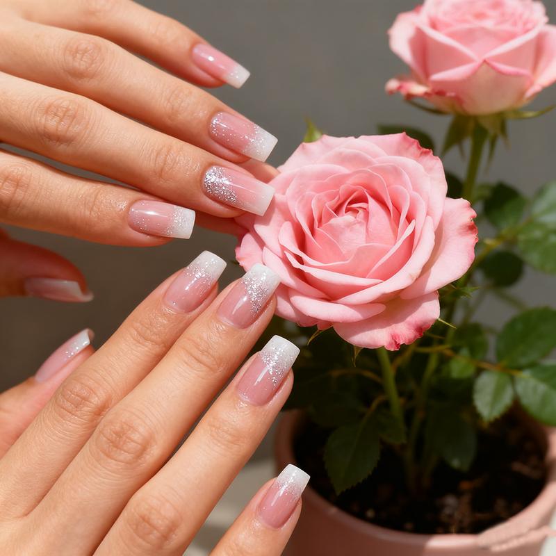 Square Press on Nails Medium French Tips Fake Nails Silver Glitter Acrylic Nails Press ons White Ombre Glue on Nail Shiny Stick on Nail Nude False Nails for Women Girls Nails Decoration 24Pcs