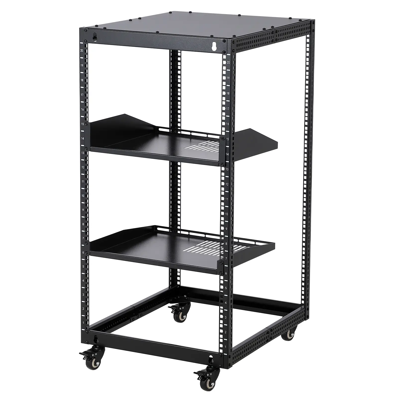 10/20U Open Frame Server Rack, Wall-Mountable IT Rack with Swivel Casters, 2 Rack Shelves, Network Rack for Stereo/Computer/Data, Adjustable, Steel