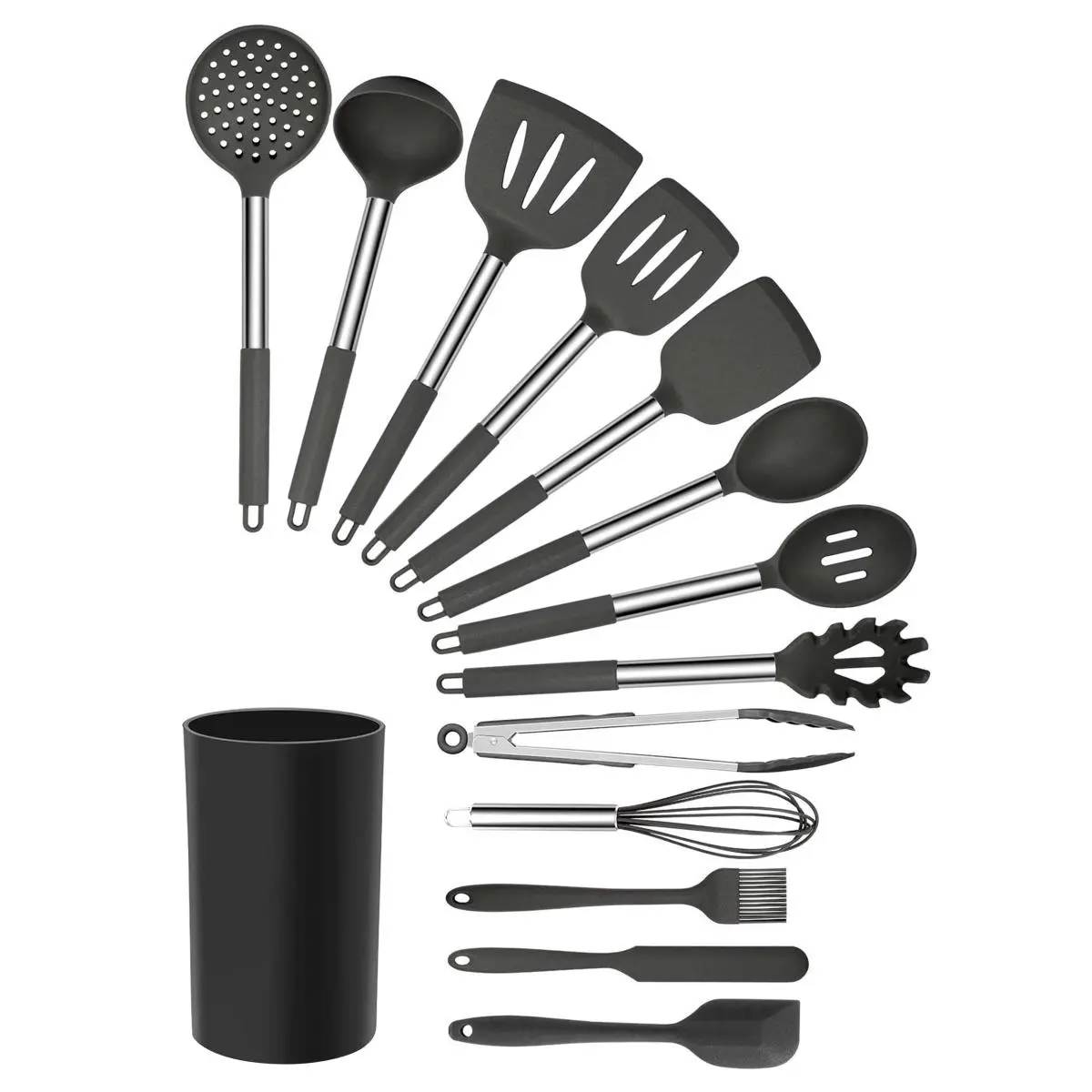 212 MAIN 14-Piece Kitchen Household Products Cooking Utensils Set - Scratch-Resistant, Food-Grade Silicone & Stainless Steel, Dishwasher-Safe, Sanitary Kit with Multi-Purpose Spoons, Whisk, Gray