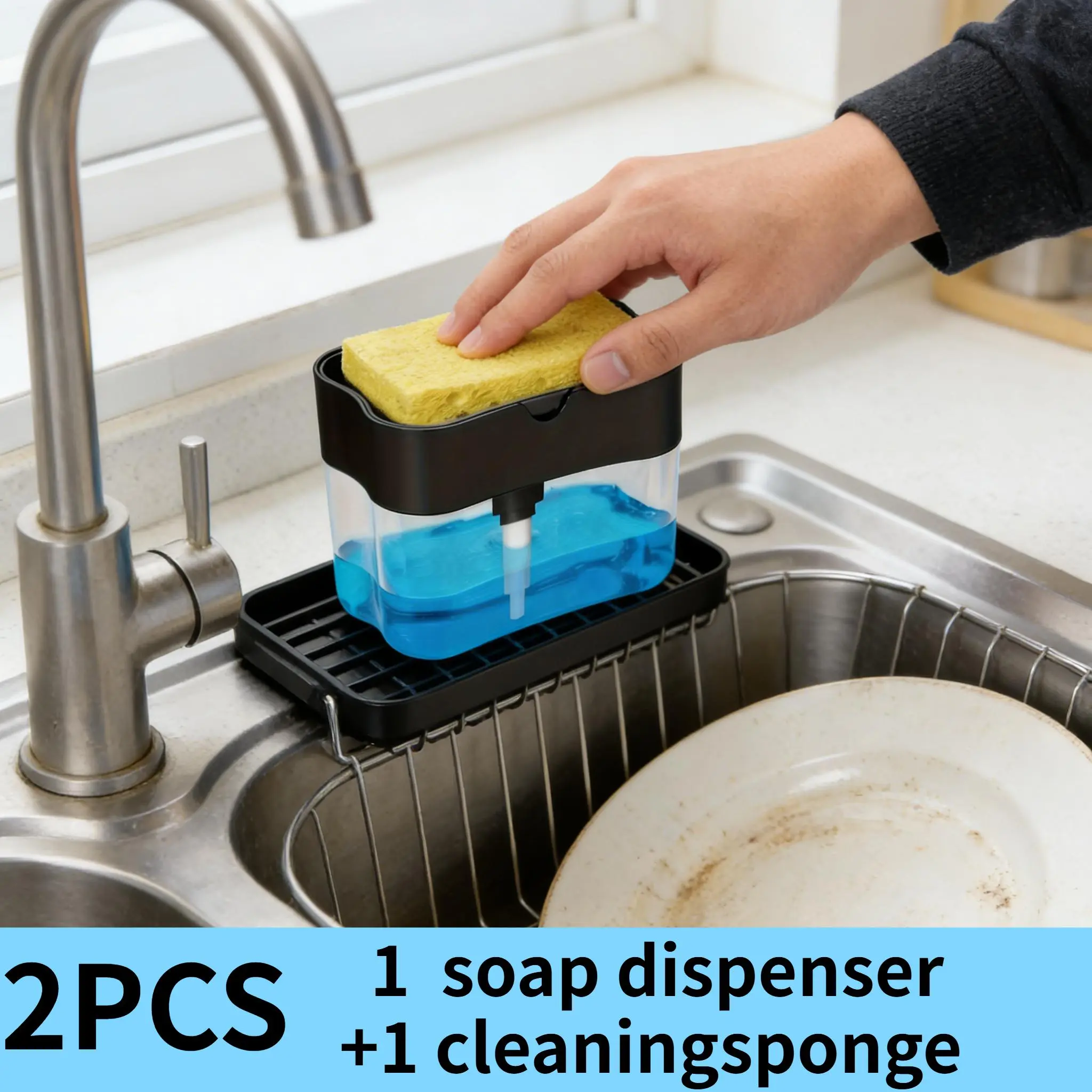 2pcs 2-in-1 Set: 1 Soap Dispenser and 1 Cleaning Sponge. A Kitchen Manual Press-type Liquid Dispenser with Automatic Distribution. Manual Operation, No Electricity Required. Press to Draw Liquid. Suitable for Kitchen Sinks, Household and Hotel Use