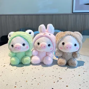 Cute Plush Pig Character Doll with Bunny Keychain, Adorable Backpack Accessory, Fun Frog Pendant for Kids, Cuddly Stuffed Animal