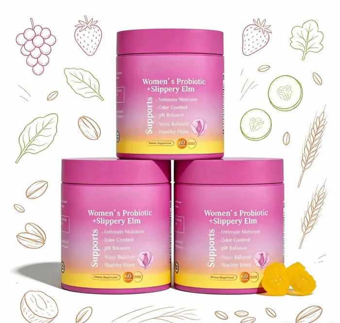 Women’s Daily Gut Health Gummies 60 Count Her Juicy Hawaiian Pineapple Probiotics, Slippery Elm Prebiotic Complex for Intimate pH Balance & Comfort