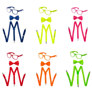 Neon Suspenders, Bow Tie & Sunglasses Set – Adjustable Costume Dress Accessories for Adults – Fun Party Wear for Halloween, Birthdays & Themed Party | 6 Bright Colors