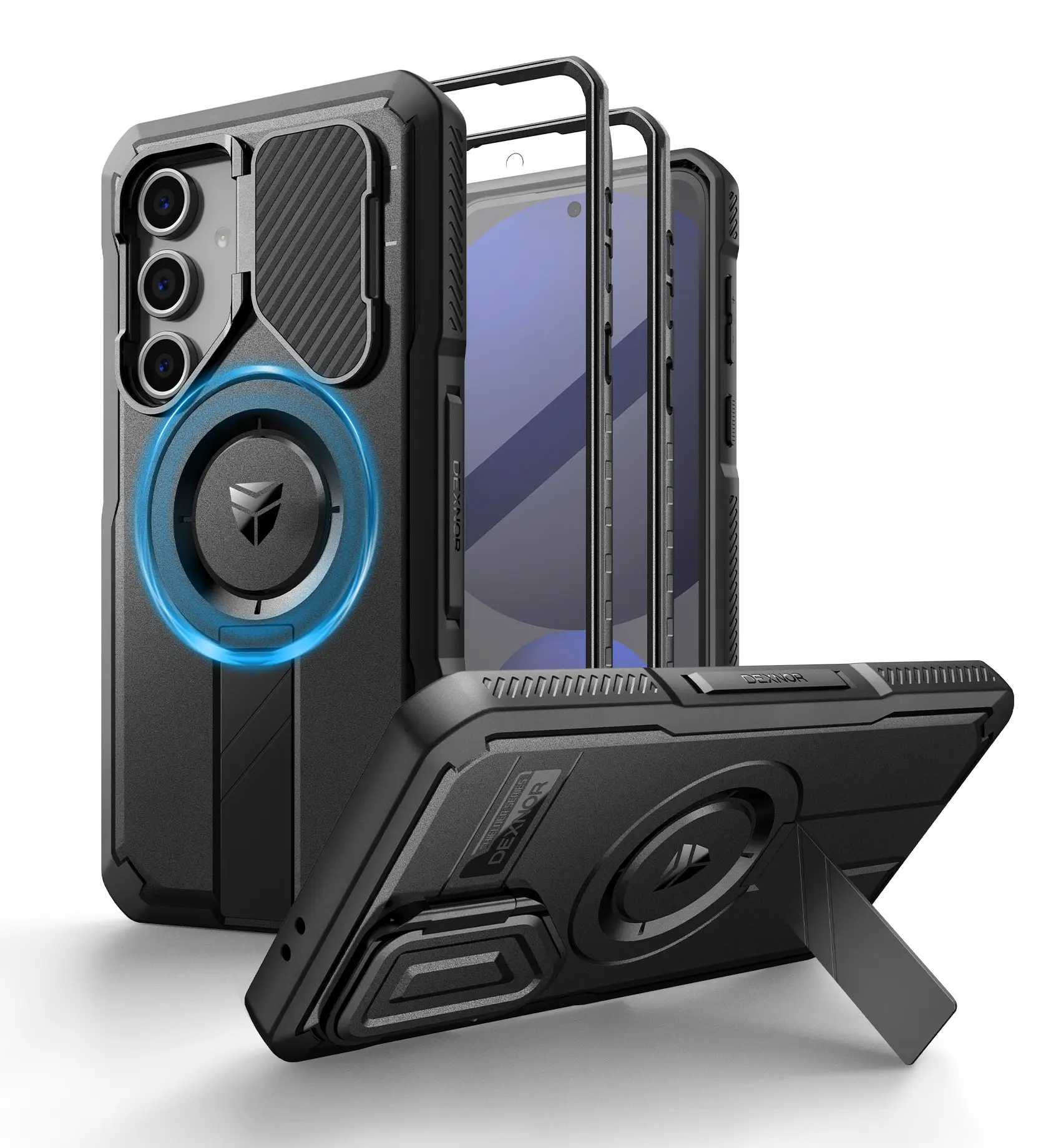 Dexnor for Samsung Galaxy S24 FE Case with Camera Cover & Adjustable Kickstand & Built-in Screen Protector, Magnetic Rugged Shockproof Bumper Cases Heavy-Duty Magnetic Protective Cover