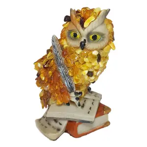 USA Handmade Wise Owl Bird Figurine with Baltic Amber Feather - KIZIMA Home Decor Collectible Artistic Sculptural Animal Decorative Statue for Room Accent, Collectible Figurines, Artistic Sculptural Figurines