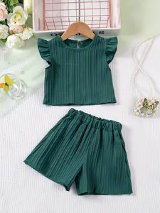 Girls' Summer Solid Color Two-Piece Set, Round Neck Short Sleeve Top with Ruffle Hem, Matching Shorts, Sweet Style for Ages 3-8