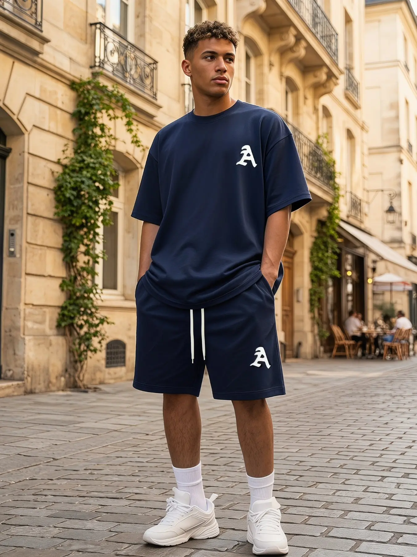 Men's Minimalist Casual Streetwear 2-Piece Outfit, Khaki Letter "A" Print T-Shirt & Matching Shorts Set, Menswear