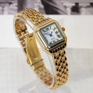 Simple Square Quartz Women's Watch Stylish Gold Stainless Steel Strap Waterproof