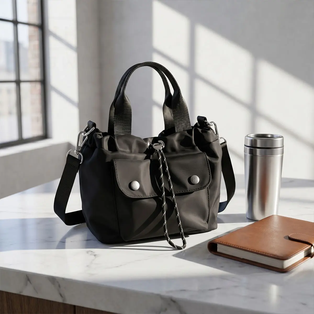 Women's Chic Drawstring Bag, Sport-Inspired Convertible Crossbody with Adjustable Strap, Roomy Purse with Magnetic Snap, Top Handle, All Seasons, Female, Lightweight, Casual, Nylon, Sport Shoulder Bags, Zippered Compartments Shoulder Bags