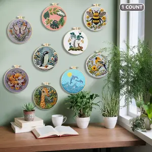 Animal & Flower Pattern Embroidery Kit, 1 Count Semi Finished Hand Embroidery Kit with Hoop, DIY Cross Stitch Kit for Beginners, DIY Embroidery Supplies