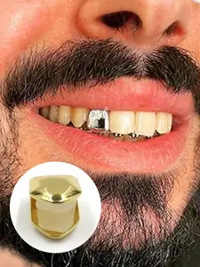 1pcs Grillz Gold Tooth Cap Grillz Teeth Men Gold Teeth Grills for Your Teeth Gold/Silver Single Grillz for Women Gold Jewelry Hip Hop Rapper Costume Simple & Fashionable Smooth Metallic Dental Grillz, Suitable For Men And Women