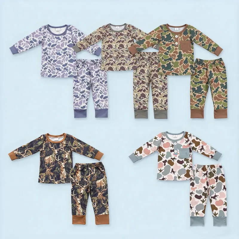 Boys' Deer Camouflage Long-Sleeve Pyjama Set, Toddler Pjs, Casual Wear Sleepwear, Kids' Pajama Clothes