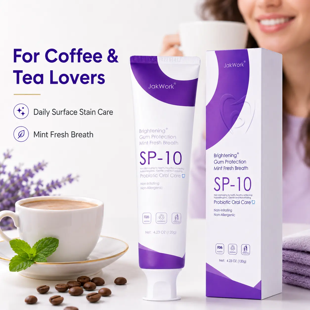 JakWork SP-10 Probiotic Whitening Toothpaste - Fluoride-Free Mint, Gentle Oral Care for Sensitive Gums, Coffee & Tea Stain Remover, Fresh Breath, Restore Oral Health, 120g
