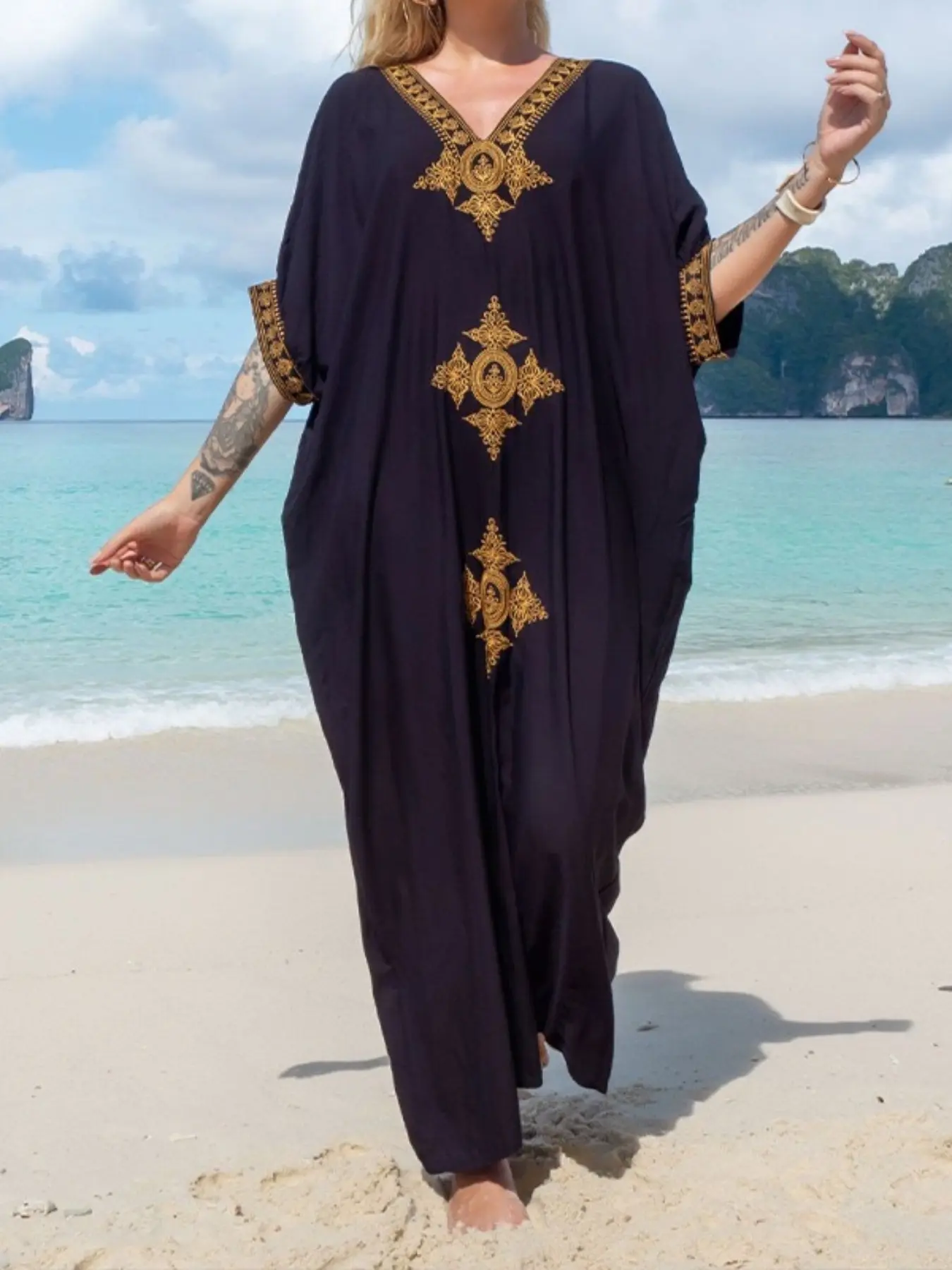 Boho Beach Kaftan Boubou Robe, Star Embroidery Maxi Dress, Elegant Loose-Fitting Long Sleeve Jumper, Fall & Winter Loungewear