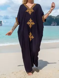 Boho Beach Kaftan, Star Embroidery Maxi Dress, Elegant Loose-Fitting Long Sleeve Jumper, Fall & Winter Loungewear, Casual