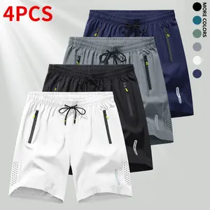 4-piece set men’s solid-color shorts with zippered pockets — summer casual, comfortable, breathable shorts suitable for outdoor sports, fitness, running, and everyday wear; men’s summer shorts