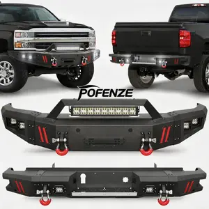 POFENZE-NADIA Silverado Front + Rear Bumper Combo for 2015-2019 Chevrolet Silverado 2500/3500 HD, Full Width Front & Rear Bumper for Chevy Silverado Pickup Truck, w/Winch Plate, D-Rings, LED Lights fck bars rigid industries beds