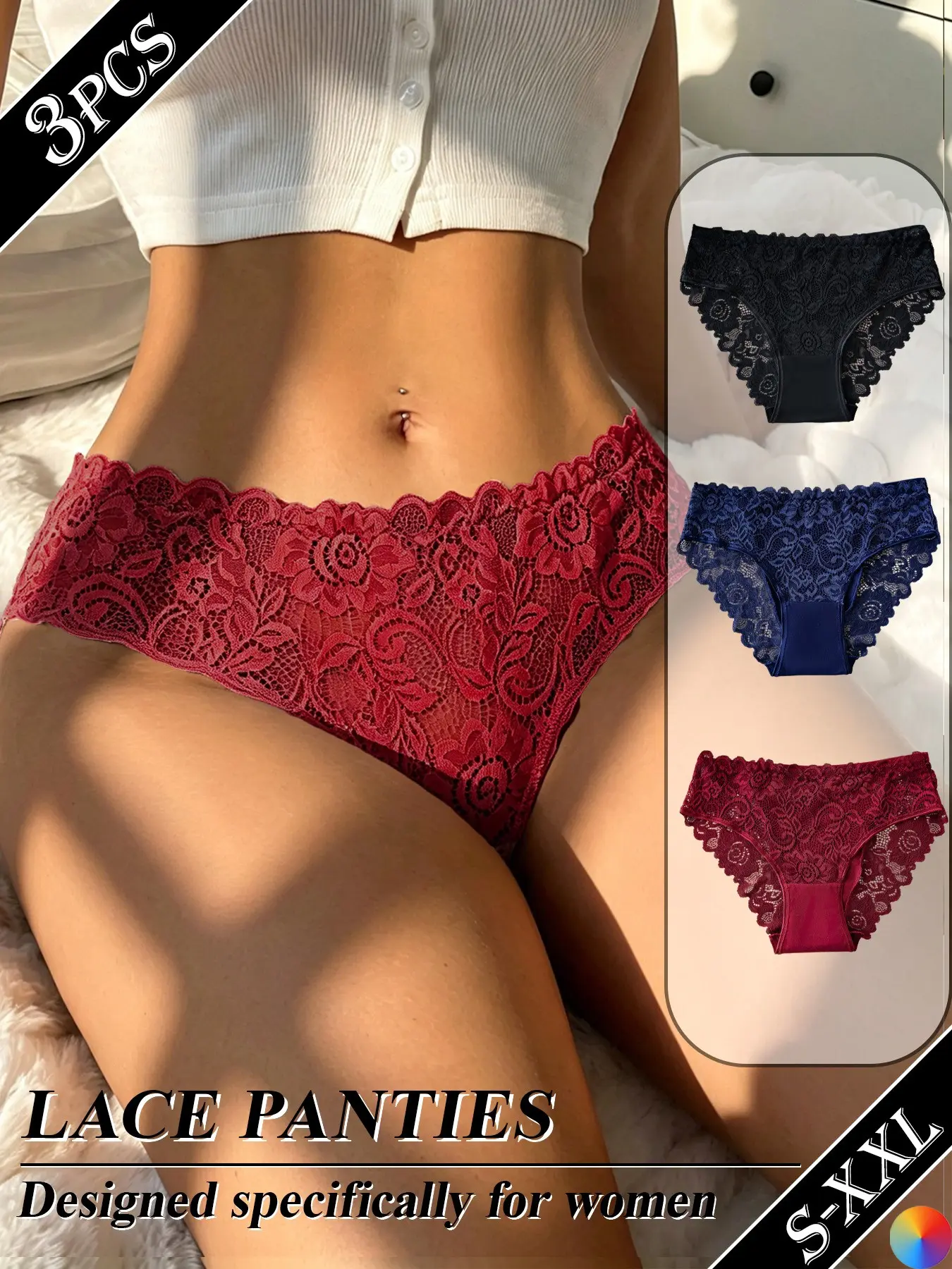 3 Pack Women Everyday Lace Panties Underwear, Feminine Cheeky Briefs, Casual Fitted Mid Waist, Plain Design, Postpartum & Maternity Gift Trend, Lace Fitted Panty