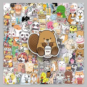 Cartoon Pet Milk Tea Pattern Sticker, 100pcs/set Cute Creative Sticker, Decorative Sticker for Notebook & Phone Case & Water Bottle & Travel Case, Protective