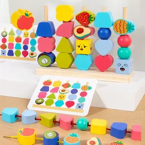 Toddler Wooden Beads Five Columns Toy, Montessori Stacking Block, Geometric Shape Lacing Beads, Christmas Birthday Gift