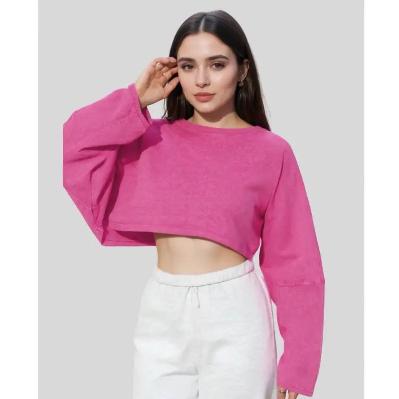 Women's Long Sleeve Puff Sleeve Sweatshirts, Cropped Tops, Round Neck, Loose Fit, Casual Workout Tops