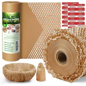 Honeycomb Packing Paper,12" W x 200' L Bubble Cushioning Wrap for Packing Moving,Products & Gifts Wrapping Paper,Recyclable and Biodegradable Shipping Packing Materials with 20 Fragile Sticker Labels