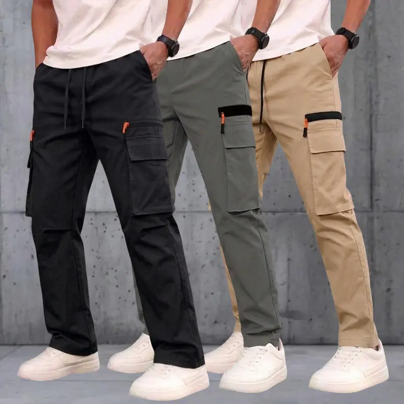 Men’s outdoor fashion casual cargo pants, 3-pack, loose straight-leg cut, breathable and comfortable with a zippered multi-pocket design, suitable for everyday wear, outings, work, and as a holiday gift Trouser Menswear Short, Casual Fashionable Pocket, B