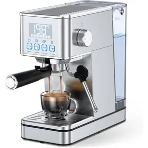 Espresso Machine, 20Bar Compact Stainless Espresso Maker, With Milk Frother Steam Wand, 57.5OZ Removable Water , Displays Making Time & Water Temperature, Cold Brew & Cappuccino,