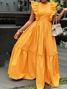 Women's Plain Ruffle Trim Dress, Elegant Fashion Casual Round Neck A Line Dress for Daily Outdoor Wear, Women Dress for Spring Fall, Solid Colored Dress, Summer Cute Dresses, Womenswear