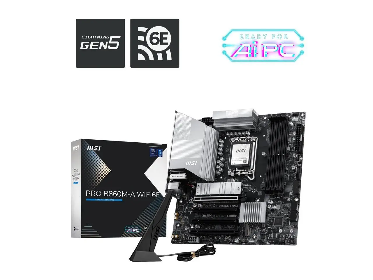 MSI PRO B860M-A WIFI6E Motherboard, mATX - Supports Intel Core Ultra Processors (Series 2), LGA 1851 - DDR5 Memory Boost (8800+ MT/s OC), PCIe 5.0 x16 & 4.0 x4, M.2 Gen5, Wi-Fi 6E, 5G LAN