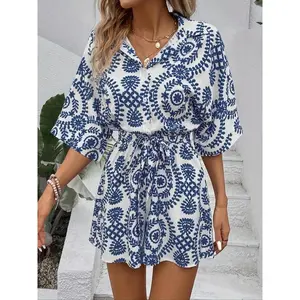 Womenswear Women's All Over Print Button Front Belted Shirt Romper, Comfort Casual Bohemian Batwing Sleeve Collared Playsuit for Summer, Women's Clothes for Daily Wear